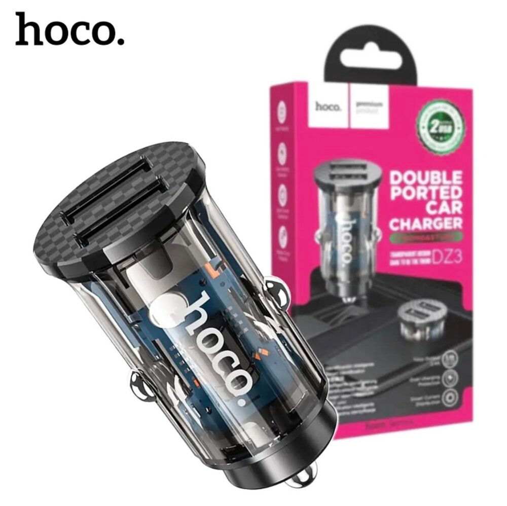 Hoco DZ3 Transparent Dual USB LED Port Car Charger Black