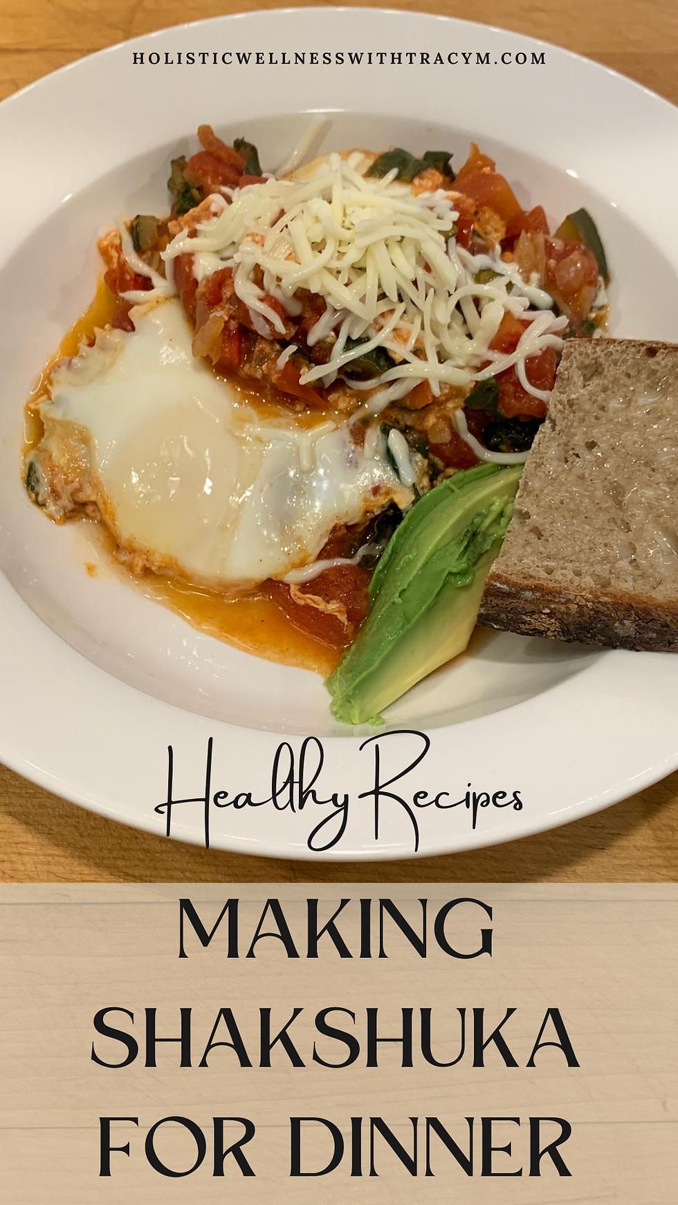 pinterest graphic showing a white bowl with shakshuka and toast with a side of avocado