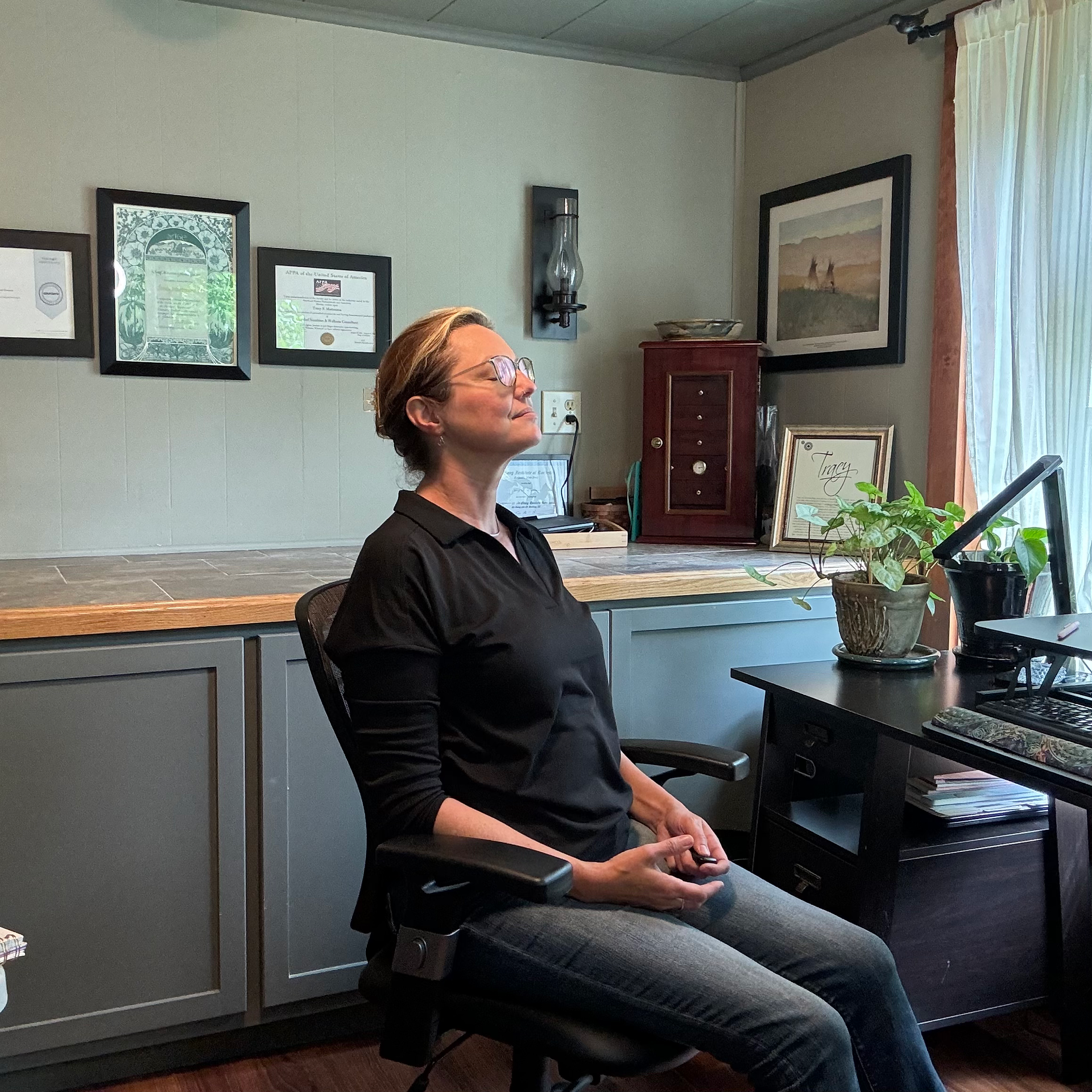 tracy in seated savasana