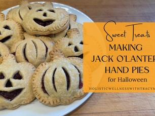 while plate filled with pumpkin and jack o'lantern shaped handpies and the text Sweet Treats Making Jack O'Lantern Hand Pies for Halloween holisticwellnesswtracym.com