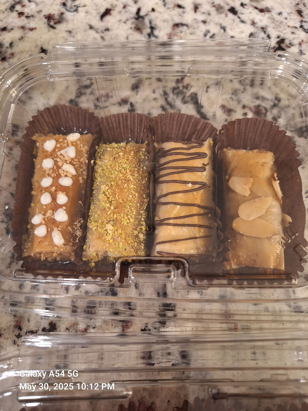 Close-up of a tray of golden-brown baklava pieces