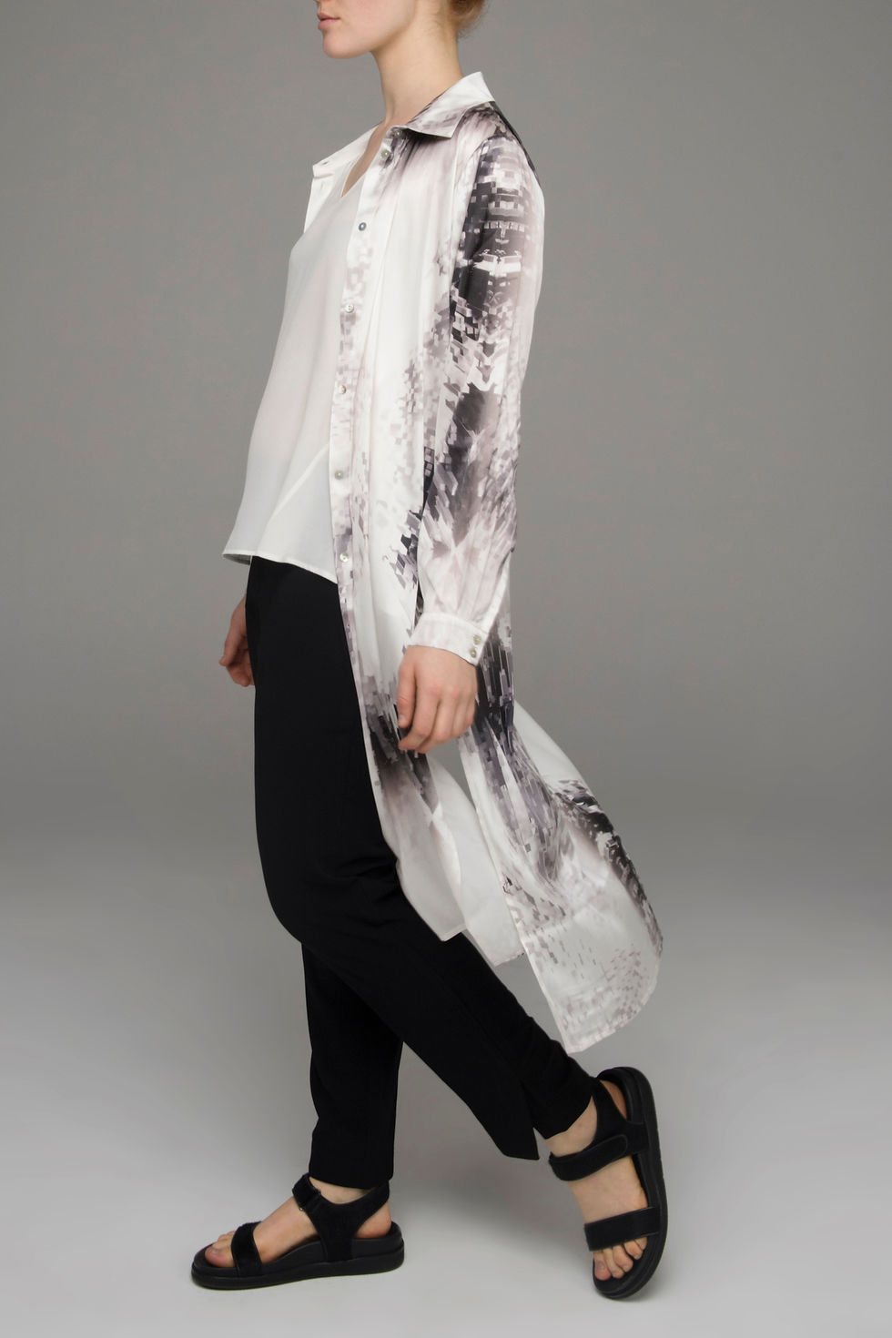 Thumbnail: The Power of Grey "Cubist" print long shirt with side splits