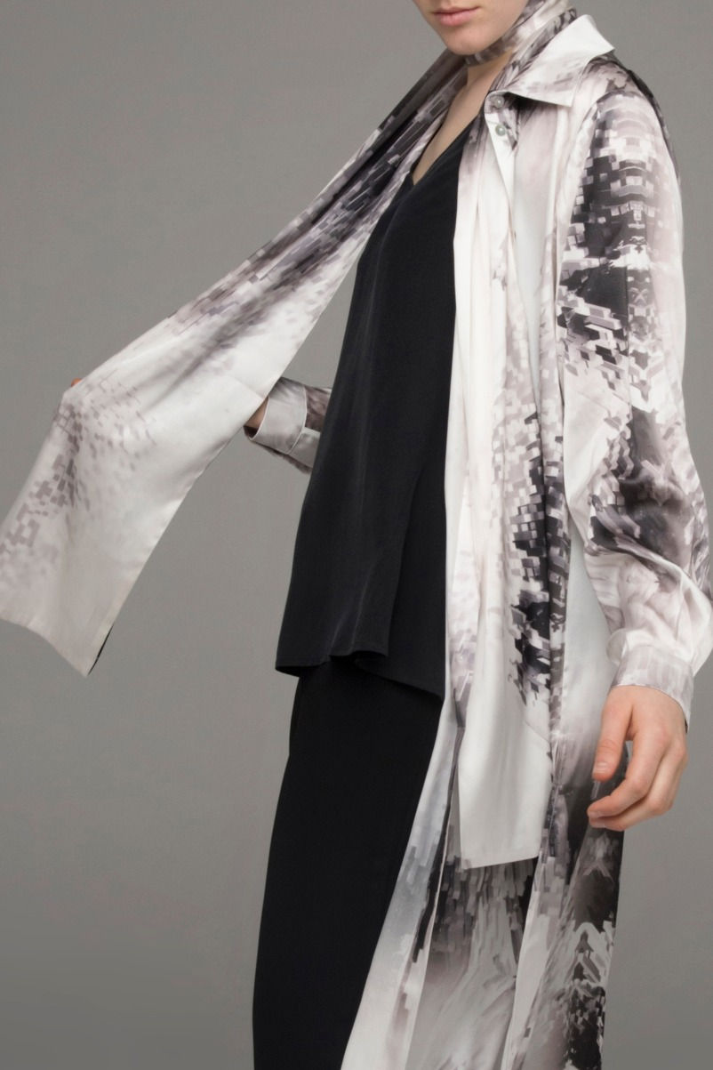 Thumbnail: The Power of Grey "Cubist" print long oblong silk scarf