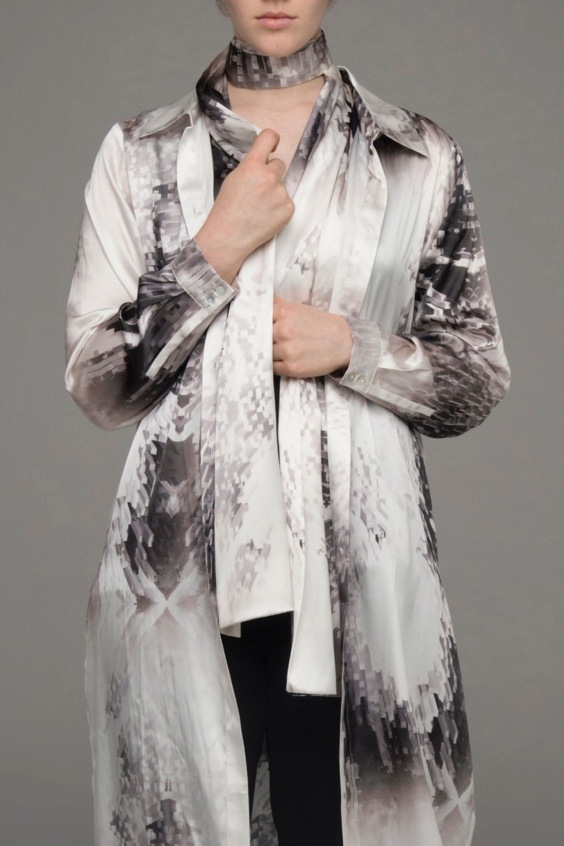 Thumbnail: The Power of Grey "Cubist" print long oblong silk scarf