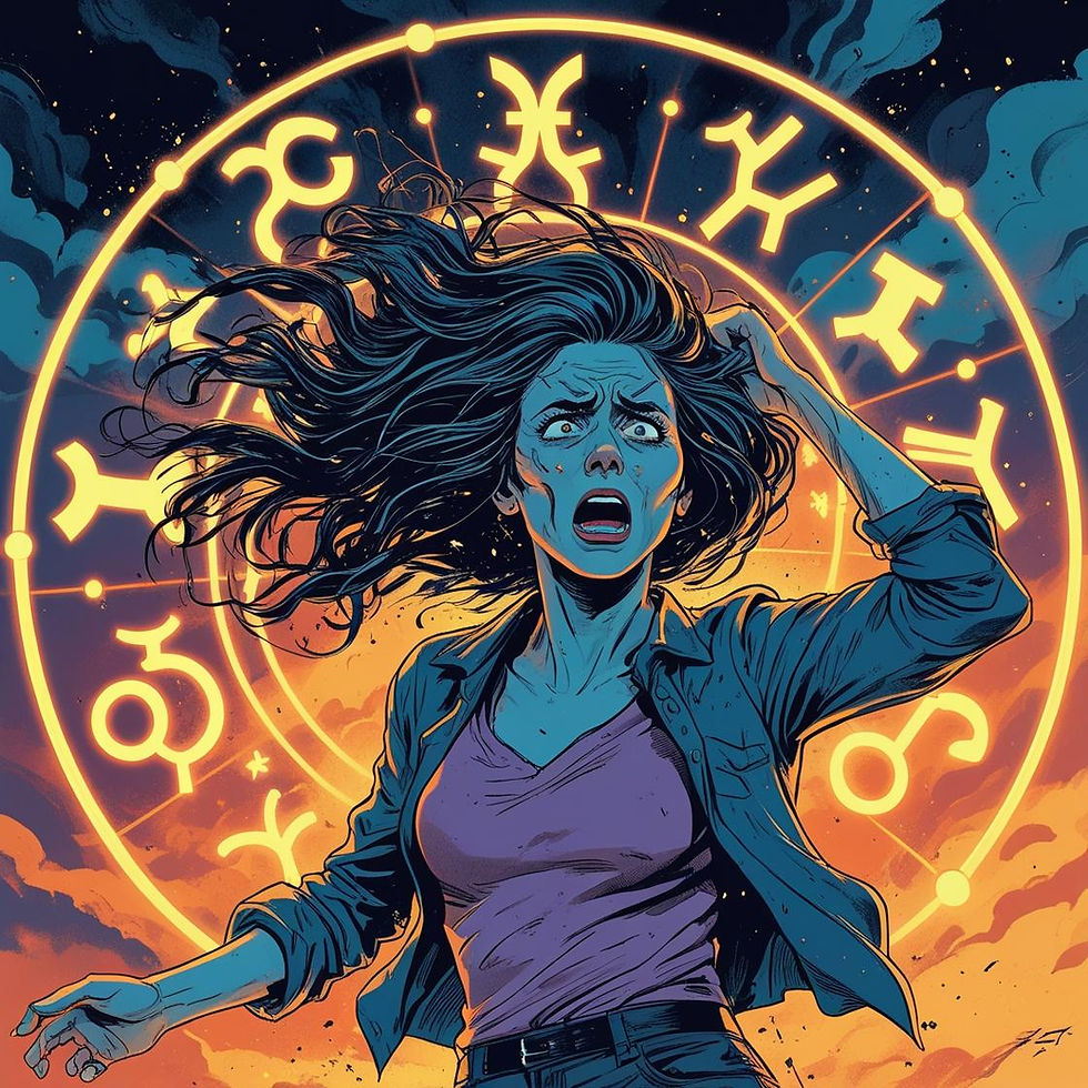 Frazzled woman blaming astrology