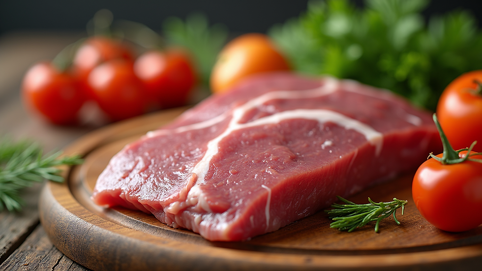 Close-up view of raw meat and vegetables prepared for puppy food