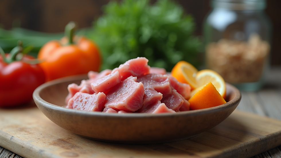 Eye-level view of a bowl filled with raw meat and vegetables for a puppy meal