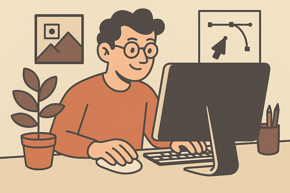 Web designer at desk working on computer in a creative workspace illustration.