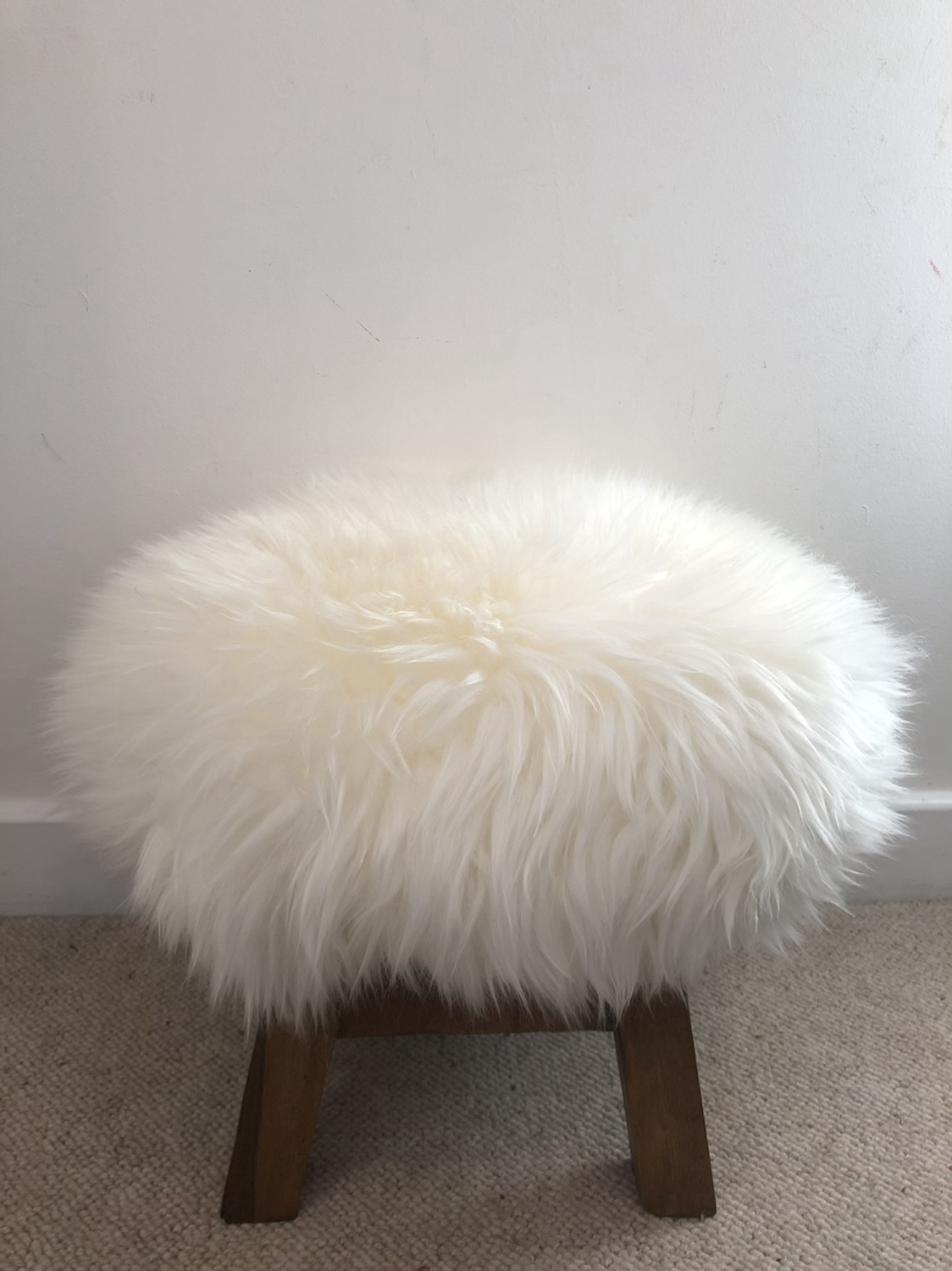 Wooden Stool with Luxurious Handmade Fluffy White Sheepskin