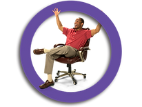 Graphic showing an excited man sitting in his office chair.