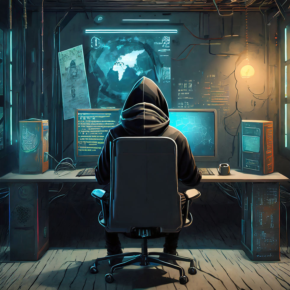 A haunting picture of a young man sitting in his futuristic but sparse bedroom full of computer equipment.