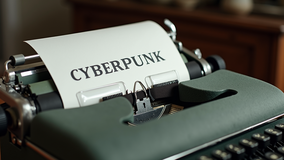 Close-up view of a vintage typewriter with a cyberpunk novel manuscript
