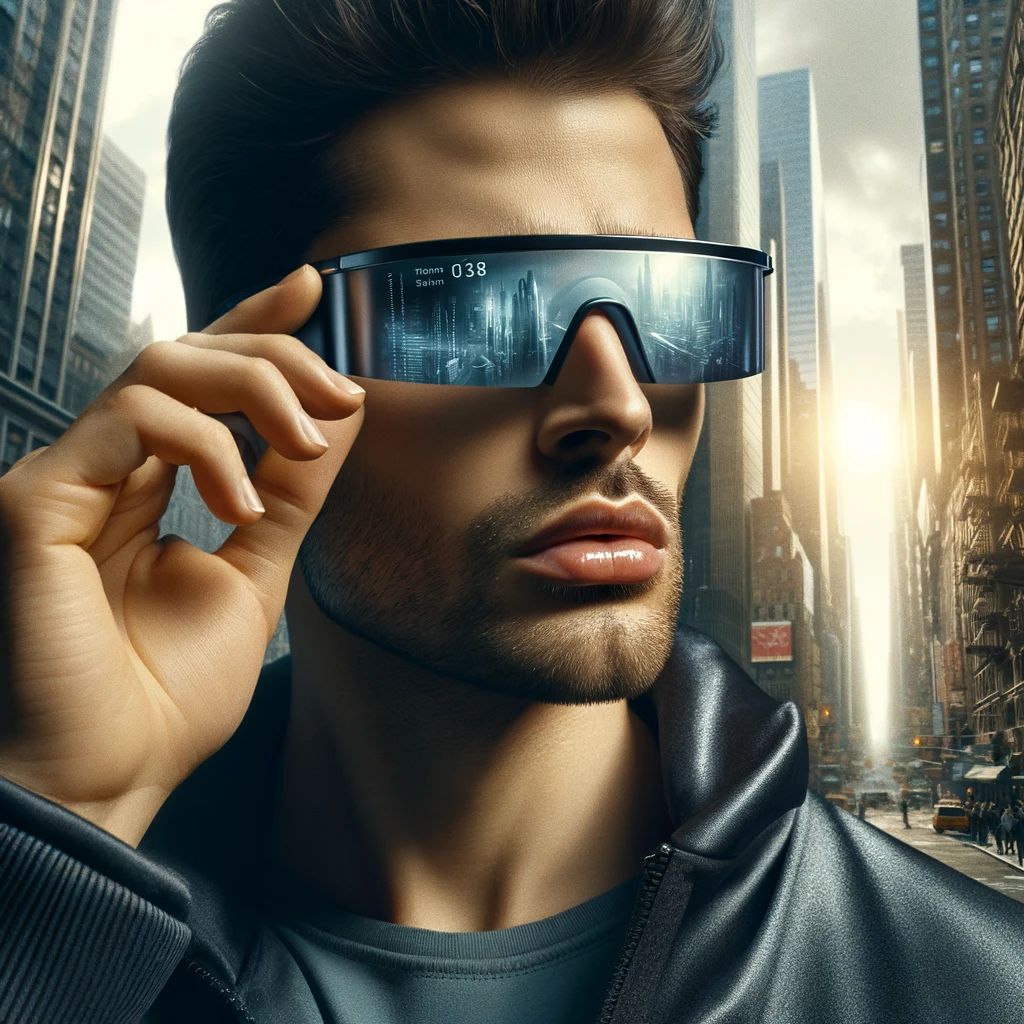 An illustration of a man wearing a futuristic pair of sunglasses.