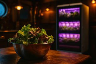 Close-up of a stainless steel salad bowl on a wooden table, filled with fresh leafy greens; in the softly blurred background stands a glowing Agwa hydroponic unit on a ship’s galley floor.