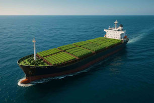 A compact growing unit filled with leafy greens sits in a clean ship galley, integrated between stainless steel appliances.