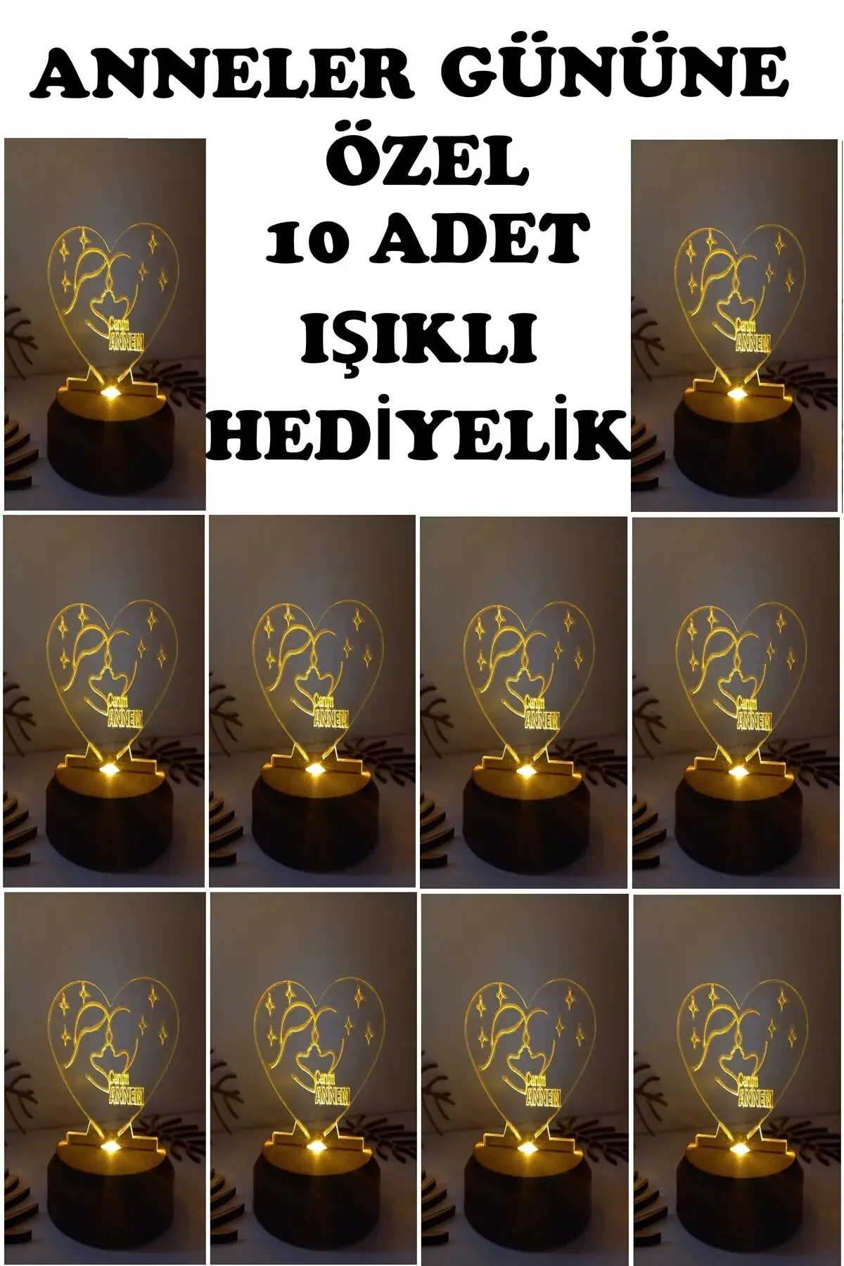 Elfora 10 Adet Toplu Sipariş Anneler Günü Özel Işıklı 3d Kalp Canım Annem Yazılı