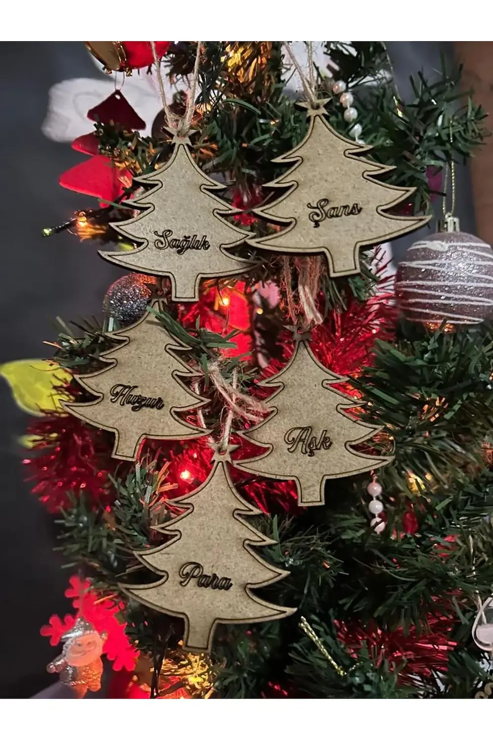 Elfora Yılbaşı Ağacı Süsleri Güzel Dilekler 5 li Set Ağaç Model Ahşap Yeni Yıl