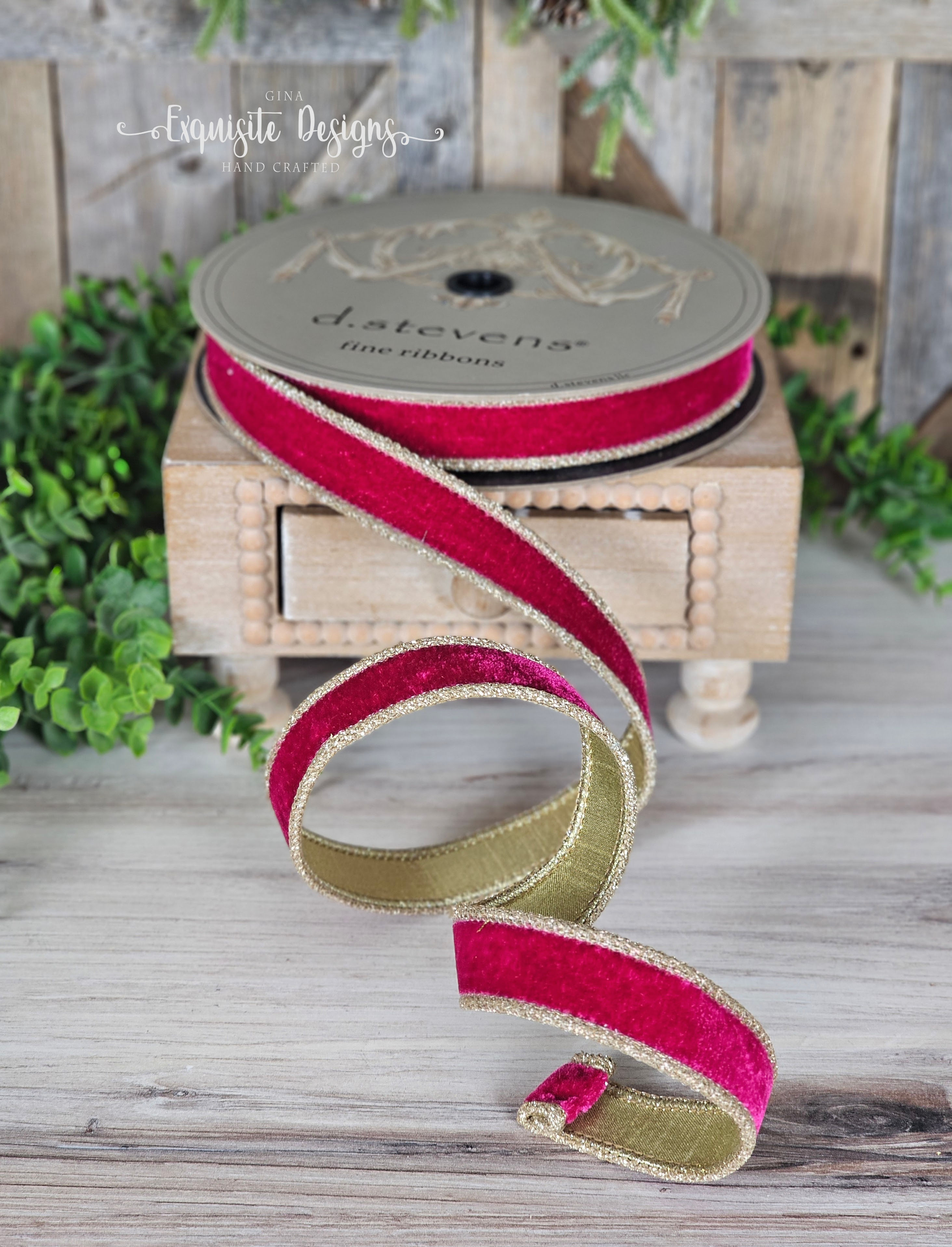 Velvet Ribbon, Glitter Gold Trim, Hot Pink