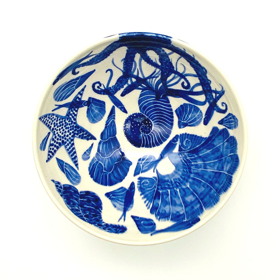 Pru Green - Blue and White Shell and Mollusc Bowl