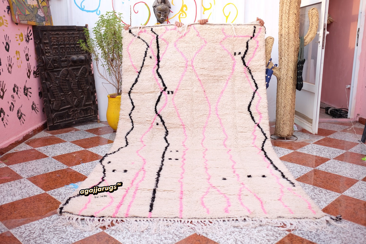 Pink Moroccan rug, handknotted rug, living room rug,shaggy rug