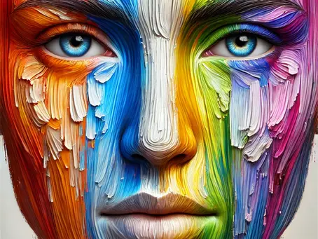 a woman's face covered in different colours of paint