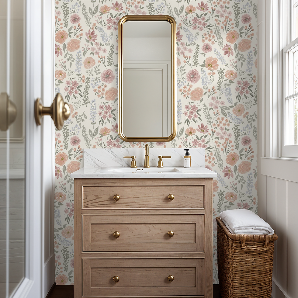 bathroom with a vanity and floral wallpaper