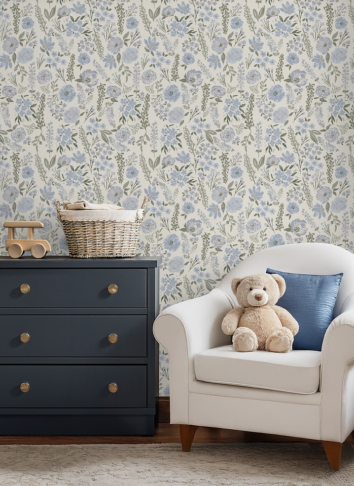 child's bedroom with blue floral wallpaper