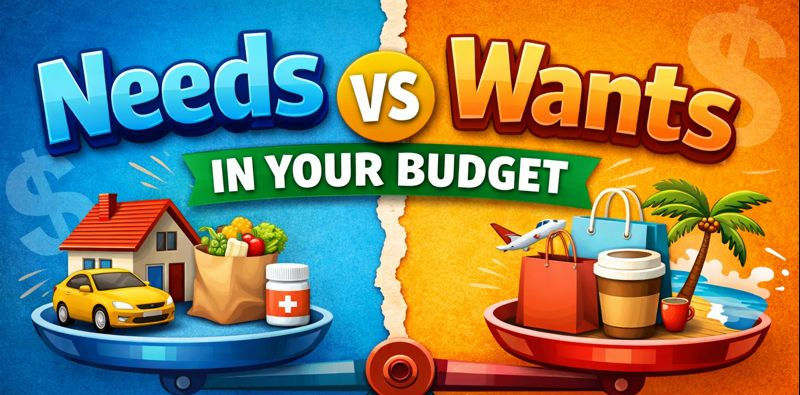 Scale with needs, on one side and wants, on the other.