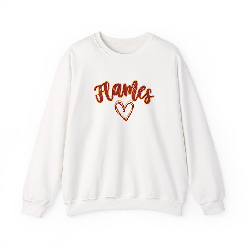 Thumbnail: Flames Heart Mascot Crewneck Sweatshirt | Script flame lettering, heart graphic