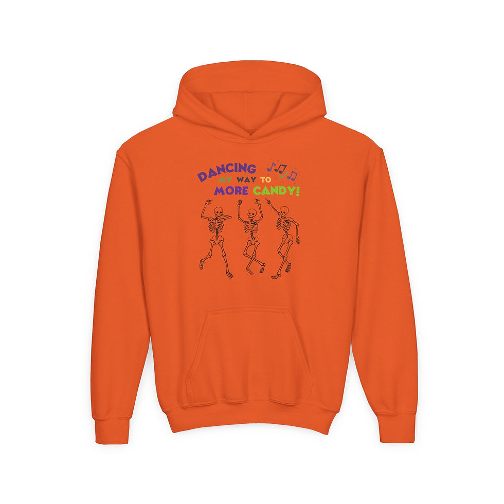 Thumbnail: Youth Hoodie — 'Dancing My Way to More Candy!' Skeleton Halloween Hoodie