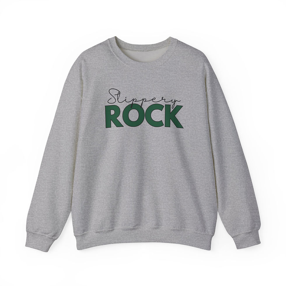 Thumbnail: Slippery Rock Crewneck Sweatshirt — Retro Script & Bold Text Campus Tee