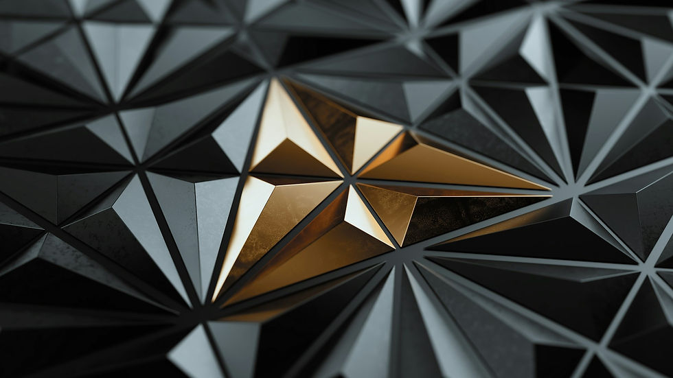 Abstract 3D geometric pattern featuring a central cluster of gold triangles emerging from a dark metallic background, symbolizing actionable intelligence and strategic clarity within unstructured data.