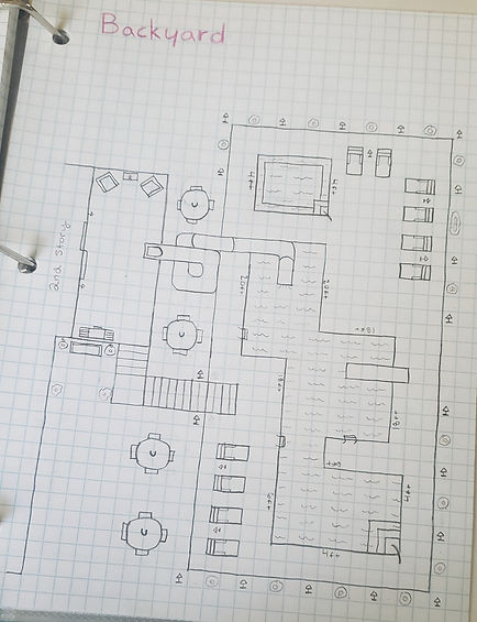 Backyard Floor Plan with a deck, pool and hot tub area and lounge areas