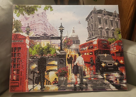 England Canvas Diamond Painting with double decker bus and phone booth, was a gift