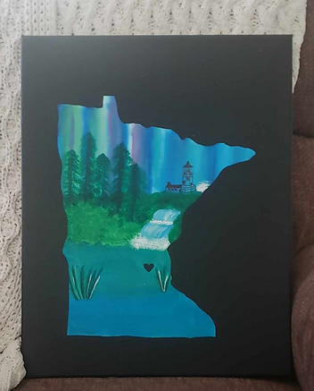 Unfinished Minnesota Silhouette with Lighthouse and Waterfall Painting