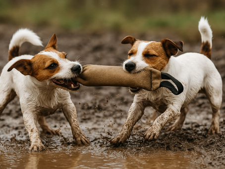 Zwei Jack Russell zerren an einer selbst gemachten Beißwurst