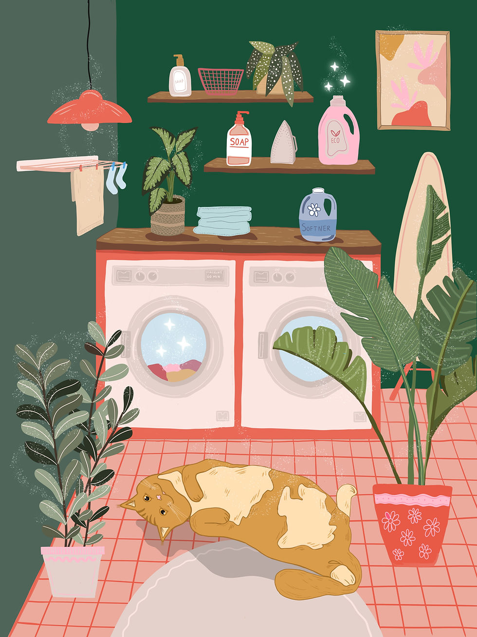 Orange cat illustration dark green and red colors