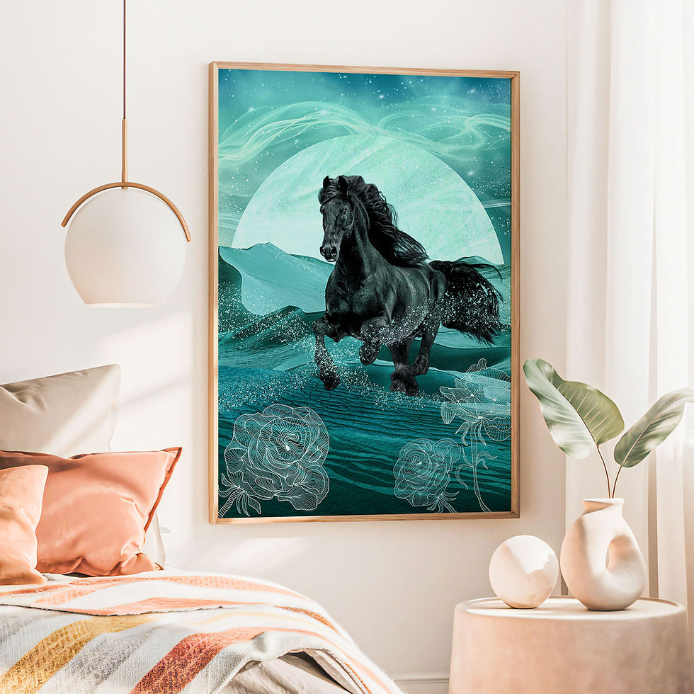 art print black horse gallop in dessert blue fantasy night