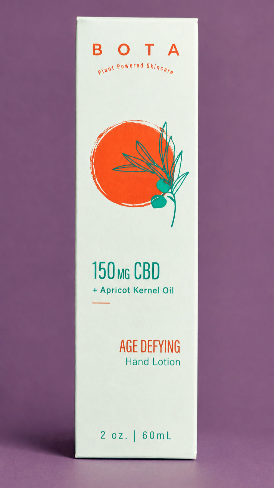 This image displays the light blue packaging for BOTA Age Defying Hand Lotion, highlighting its 150mg CBD and Apricot Kernel