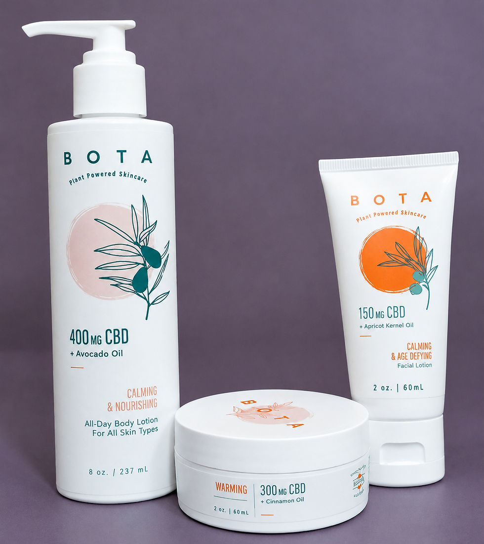 The image displays skincare products from BOTA, featuring botanical illustrations and highlighting their nourishing effects