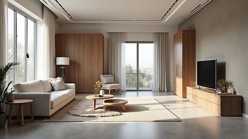 Plano a nivel de ojo de un espacio interior con muebles modulares y diseño personalizado