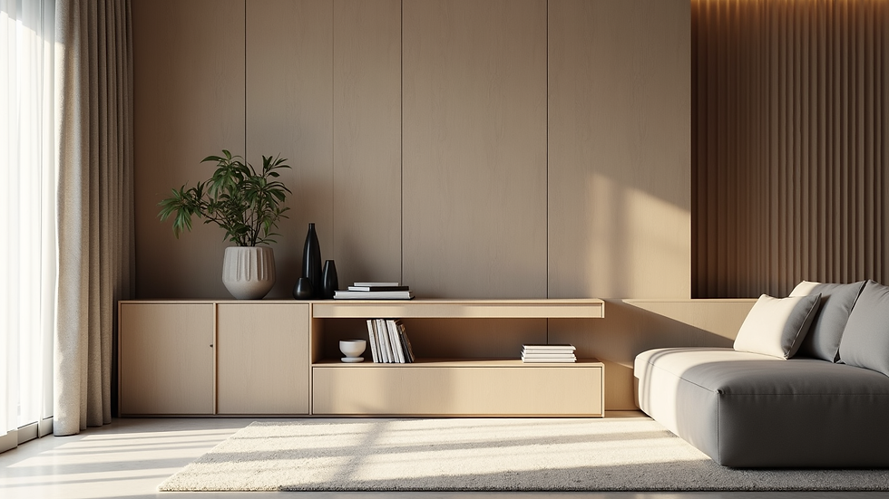Vista lateral de un aparador a medida en un comedor moderno con decoración minimalista