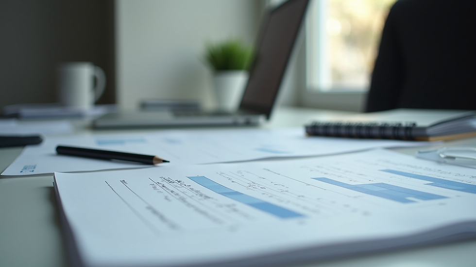 Eye-level view of organized office desk with audit documents and laptop
