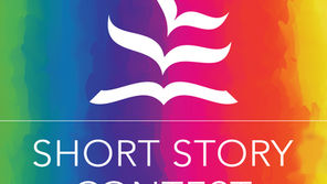 Rainbow colored background with design of an abstract open book and the words Short Story Contest