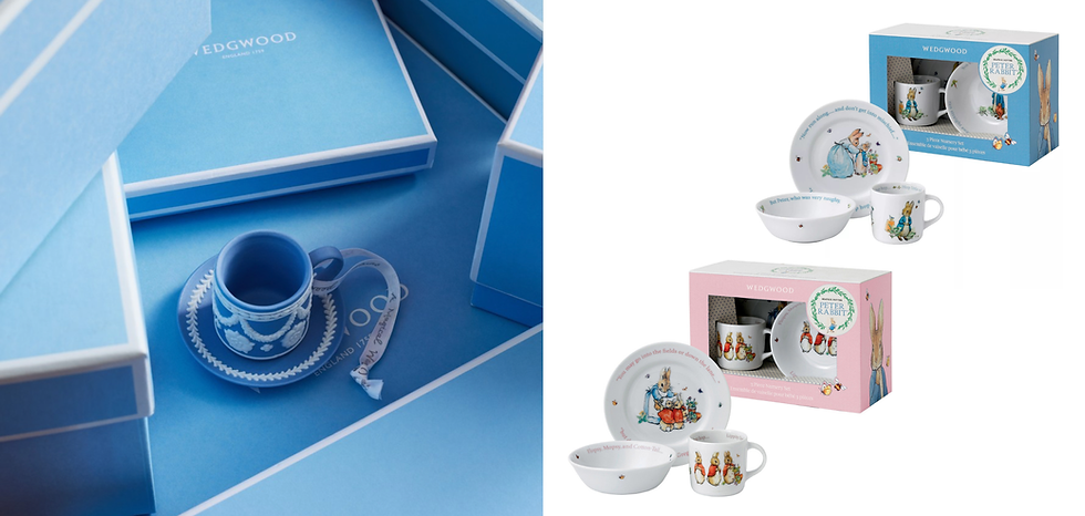 Blue Wedgwood box with a decorative cup and saucer on the left. Right: Peter Rabbit nursery sets in blue and pink boxes with plates and mugs.
