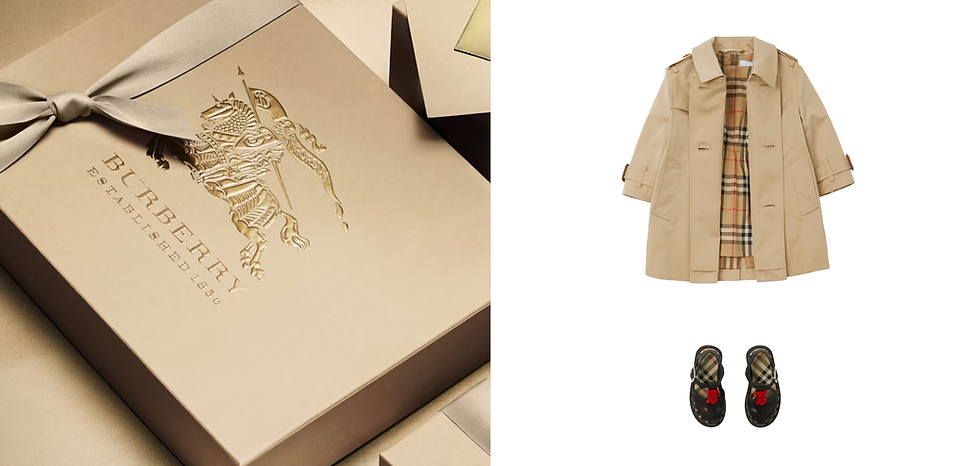 Tan Burberry box with embossed knight logo on the left. On the right, a baby beige trench coat with plaid lining and matching baby plaid shoes.