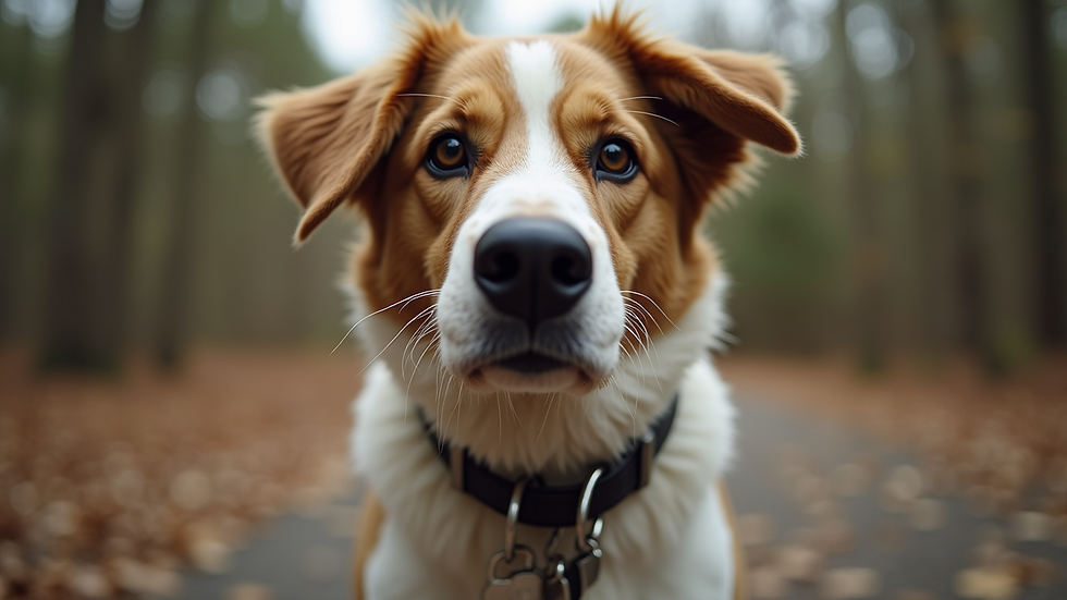 Eye-level view of a dog wearing a collar with multiple tags attached