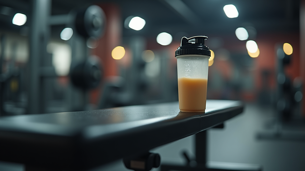 Eye-level view of a shaker bottle filled with protein shake on a gym bench