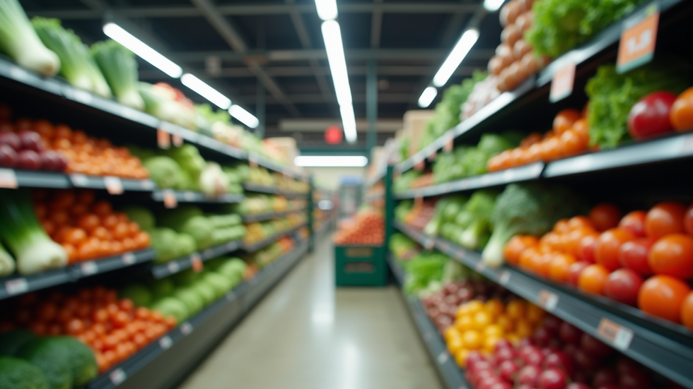 Eye-level view of shelves stocked with fresh vegetables in a cash and carry store