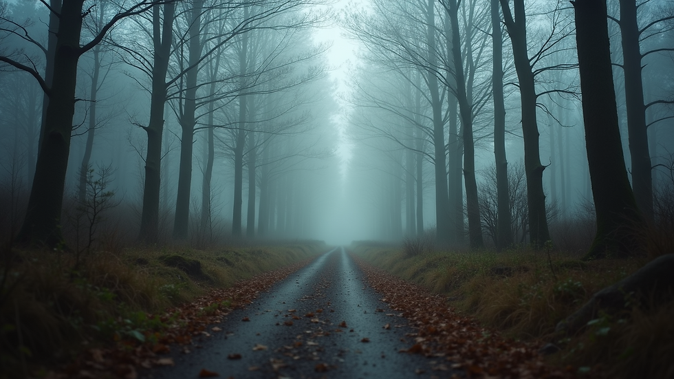 Eye-level view of a quiet, foggy forest path